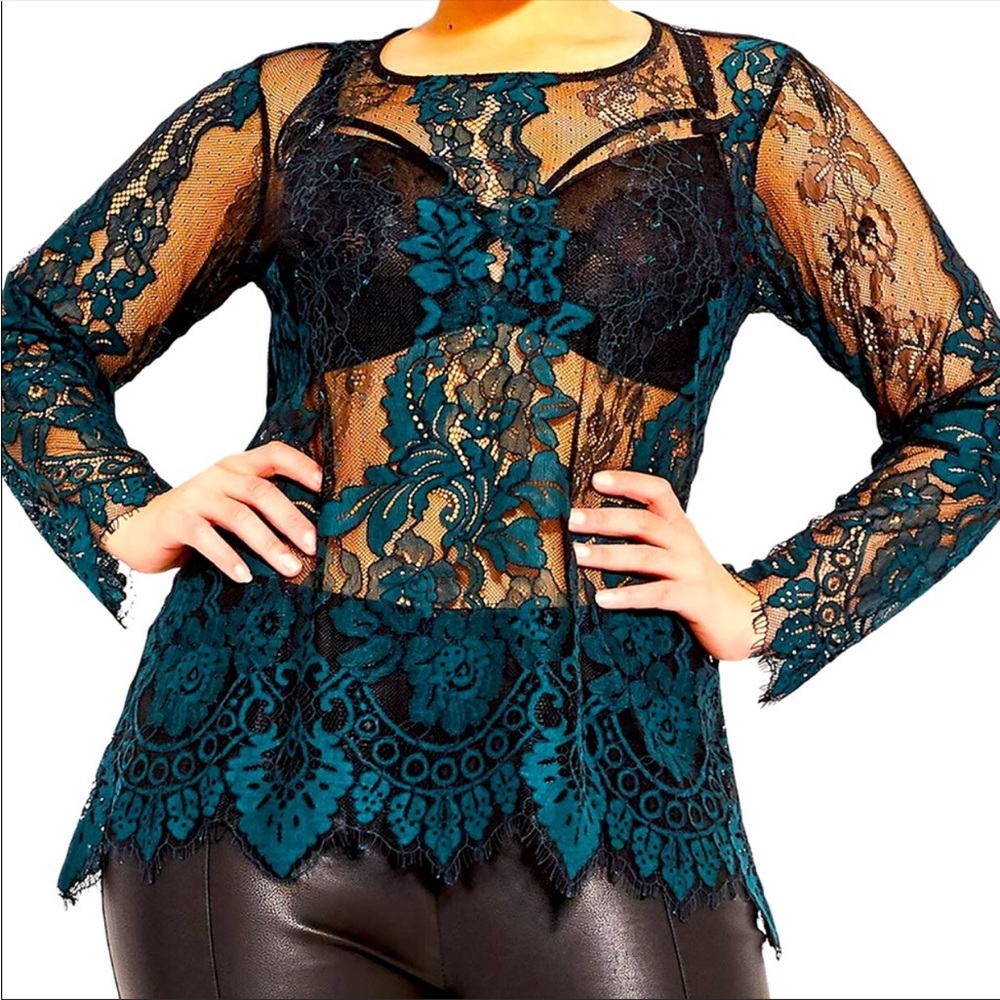 CITY CHIC Royal Lace Top emerald - Picture 3 of 12